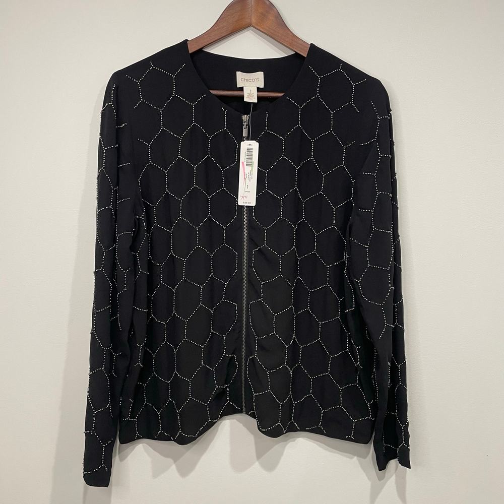 NWT Chicos Women Jacket Black Beaded Lined MSRP 139.00 Size 1